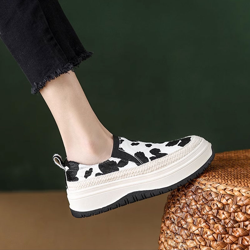 Thick-Soled Color-Blocked Loafers for Women - Genuine Leather, Comfortable Soft Sole, Italian-Style, Horsehair Design