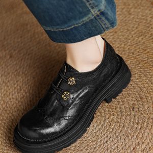 Thick-Soled Deep-Cut Leather Loafers for Women, 2025 Spring Fashion, Sheepskin Camellia Design, Trendy Y2K Style