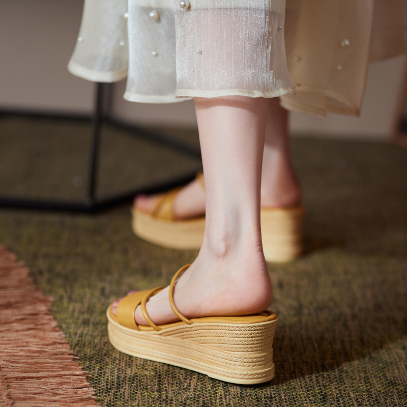 Thick-Soled Genuine Leather Wedge Sandals for Women - Fashionable High-Heeled Platform Slippers, Summer Style