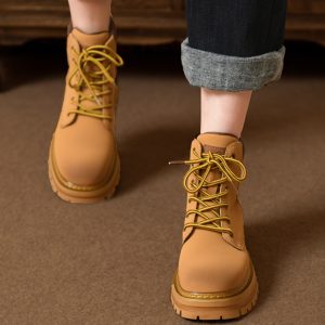 Thick-Soled Genuine Leather Yellow Martin Ankle Boots for Women - Spring & Autumn Short Booties, Sizes 41-43