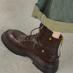 Thick-Soled Lace-Up Brown Martin Boots for Women - Small Lambskin Round-Toe Short Boots for Autumn Winter 2024