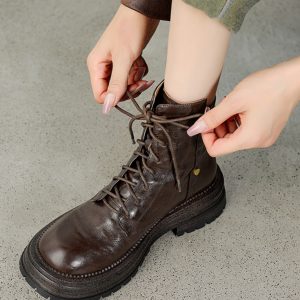 Thick-Soled Lace-Up Brown Martin Boots for Women - Small Lambskin Round-Toe Short Boots for Autumn Winter 2024