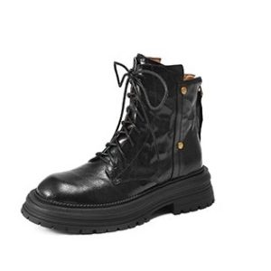 Thick-Soled Lace-Up Brown Martin Boots for Women - Small Lambskin Round-Toe Short Boots for Autumn Winter 2024