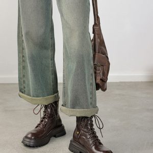 Thick-Soled Lace-Up Brown Martin Boots for Women - Small Lambskin Round-Toe Short Boots for Autumn Winter 2024