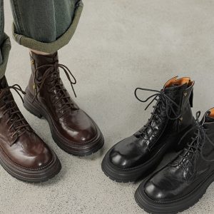 Thick-Soled Lace-Up Brown Martin Boots for Women - Small Lambskin Round-Toe Short Boots for Autumn Winter 2024