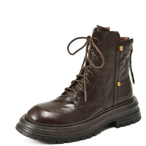 Thick-Soled Lace-Up Brown Martin Boots for Women - Small Lambskin Round-Toe Short Boots for Autumn Winter 2024