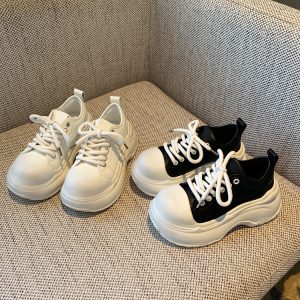 Thick-Soled Lace-Up Casual Sneakers for Women, Height-Increasing White Shoes for Spring 2025, Trendy Outdoor Footwear