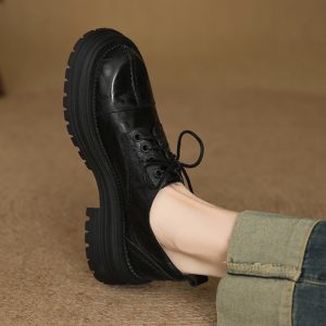 Thick-Soled Lace-Up Flats for Women, Deep Mouth Round-Toe Loafers, Sheepskin Leather, Spring 2025, Stylish Casual Footwear