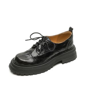 Thick-Soled Lace-Up Flats for Women, Deep Mouth Round-Toe Loafers, Sheepskin Leather, Spring 2025, Stylish Casual Footwear