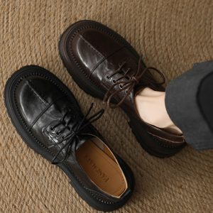 Thick-Soled Lace-Up Flats for Women, Deep Mouth Round-Toe Loafers, Sheepskin Leather, Spring 2025, Stylish Casual Footwear