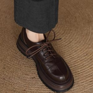 Thick-Soled Lace-Up Flats for Women, Deep Mouth Round-Toe Loafers, Sheepskin Leather, Spring 2025, Stylish Casual Footwear