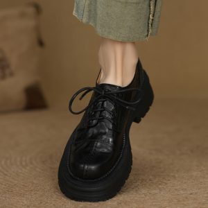 Thick-Soled Lace-Up Flats for Women, Deep Mouth Round-Toe Loafers, Sheepskin Leather, Spring 2025, Stylish Casual Footwear