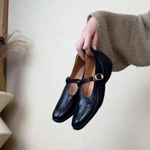 Thick-Soled Retro Sheepskin Mary Jane Shoes with T-Strap, Square Toe Leather Loafers for Women, Height-Increasing Fashion Footwear