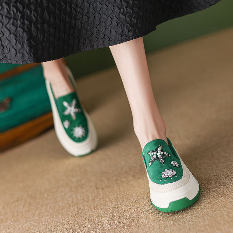 Thick-Soled Rhinestone Embroidered Genuine Leather Loafers for Women - Italian-Style Soft-Soled Non-Fatiguing Comfort