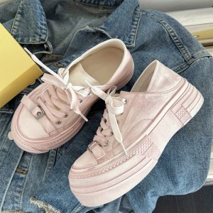 Thick-Soled Sheepskin Lace-Up Vintage White Sneakers for Women - Versatile Sports Casual Shoes, Trendy 90s Style