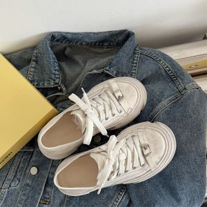 Thick-Soled Sheepskin Lace-Up Vintage White Sneakers for Women - Versatile Sports Casual Shoes, Trendy 90s Style