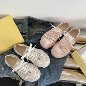 Thick-Soled Sheepskin Lace-Up Vintage White Sneakers for Women - Versatile Sports Casual Shoes, Trendy 90s Style
