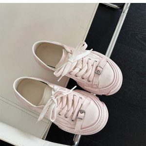 Thick-Soled Sheepskin Lace-Up Vintage White Sneakers for Women - Versatile Sports Casual Shoes, Trendy 90s Style