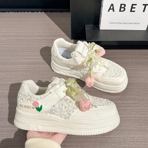 Thick-Soled Tulip Flower Design Women's Shoes, Breathable Summer Sports Footwear, Versatile Little White Sneakers