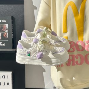 Thick-Soled Tulip Flower Design Women's Shoes, Breathable Summer Sports Footwear, Versatile Little White Sneakers