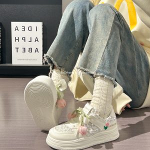 Thick-Soled Tulip Flower Design Women's Shoes, Breathable Summer Sports Footwear, Versatile Little White Sneakers