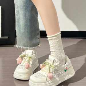 Thick-Soled Tulip Flower Design Women's Shoes, Breathable Summer Sports Footwear, Versatile Little White Sneakers