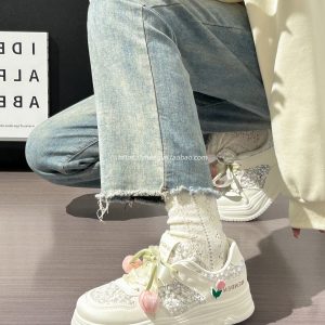 Thick-Soled Tulip Flower Design Women's Shoes, Breathable Summer Sports Footwear, Versatile Little White Sneakers