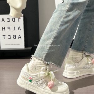 Thick-Soled Tulip Flower Design Women's Shoes, Breathable Summer Sports Footwear, Versatile Little White Sneakers