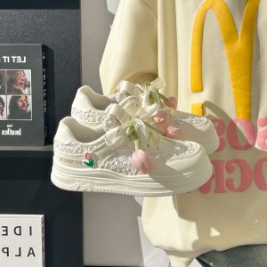 Thick-Soled Tulip Flower Design Women's Shoes, Breathable Summer Sports Footwear, Versatile Little White Sneakers