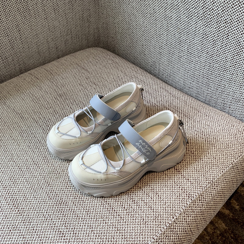 Thick-Soled Velcro Mary Jane Shoes for Women - Breathable Mesh Height-Increasing Casual Flats for Spring/Summer 2025