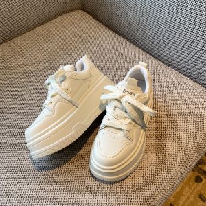 Thick-Soled White Lace-Up Sneakers for Women, Genuine Leather, Height-Increasing, Slimming Casual Spring 2025 Style