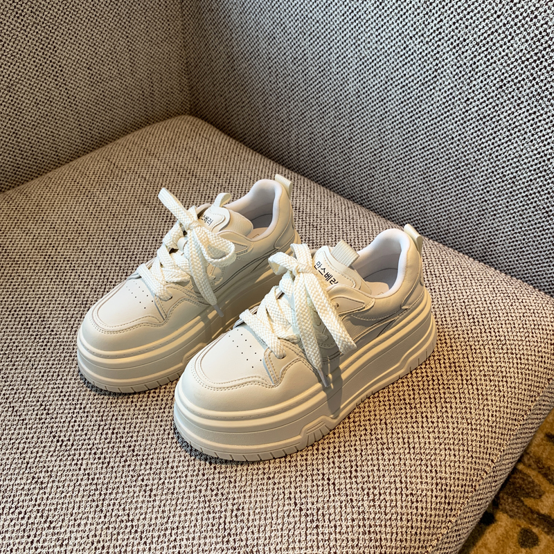 Thick-Soled White Lace-Up Sneakers for Women, Genuine Leather, Height-Increasing, Slimming Casual Spring 2025 Style