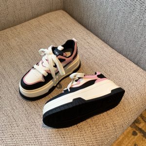 Thick-Soled White Lace-Up Sneakers for Women, Genuine Leather, Height-Increasing, Slimming Casual Spring 2025 Style