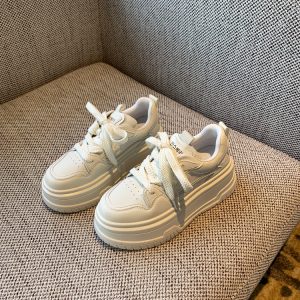 Thick-Soled White Lace-Up Sneakers for Women, Genuine Leather, Height-Increasing, Slimming Casual Spring 2025 Style