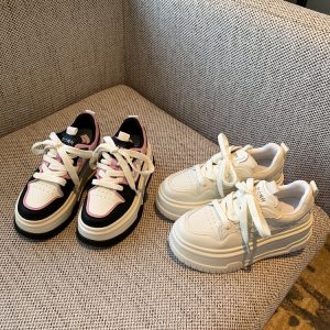 Thick-Soled White Lace-Up Sneakers for Women, Genuine Leather, Height-Increasing, Slimming Casual Spring 2025 Style