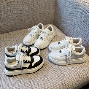 Thick-Soled White Sneakers for Women - 2025 Spring Lace-Up Retro Casual Shoes with Metal Buckle, Versatile Canvas Footwear