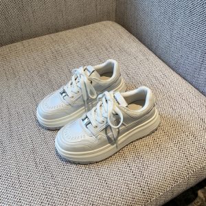 Thick-Soled White Sneakers for Women - 2025 Spring Lace-Up Retro Casual Shoes with Metal Buckle, Versatile Canvas Footwear