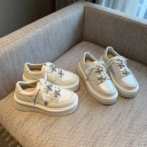Thick-Soled White Sneakers for Women - 2025 Spring Platform Lace-Up Casual Skate Shoes, Lightweight and Versatile Height-Increasing Style