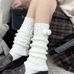 Thickened Warm White Mid-Calf Knitted Leg Warmers for Autumn & Winter - Japanese JK Style