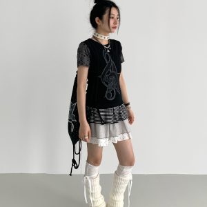 Three-Piece Women's Summer A-Line Polka Dot and Striped Pleated Cake Skirt - Trendy Patchwork Design for a Chic Look