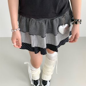 Three-Piece Women's Summer A-Line Polka Dot and Striped Pleated Cake Skirt - Trendy Patchwork Design for a Chic Look
