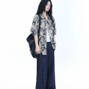 Tie-Dye Textured Short Sleeve Shirt for Women, Summer Loose Lightweight Blouse, Casual 90s Y2K Style Top