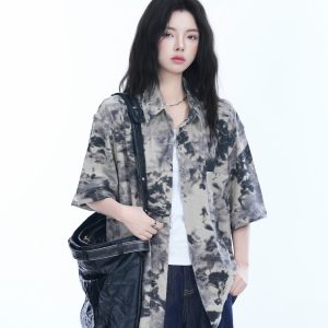 Tie-Dye Textured Short Sleeve Shirt for Women, Summer Loose Lightweight Blouse, Casual 90s Y2K Style Top