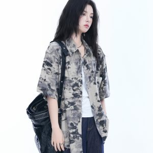 Tie-Dye Textured Short Sleeve Shirt for Women, Summer Loose Lightweight Blouse, Casual 90s Y2K Style Top
