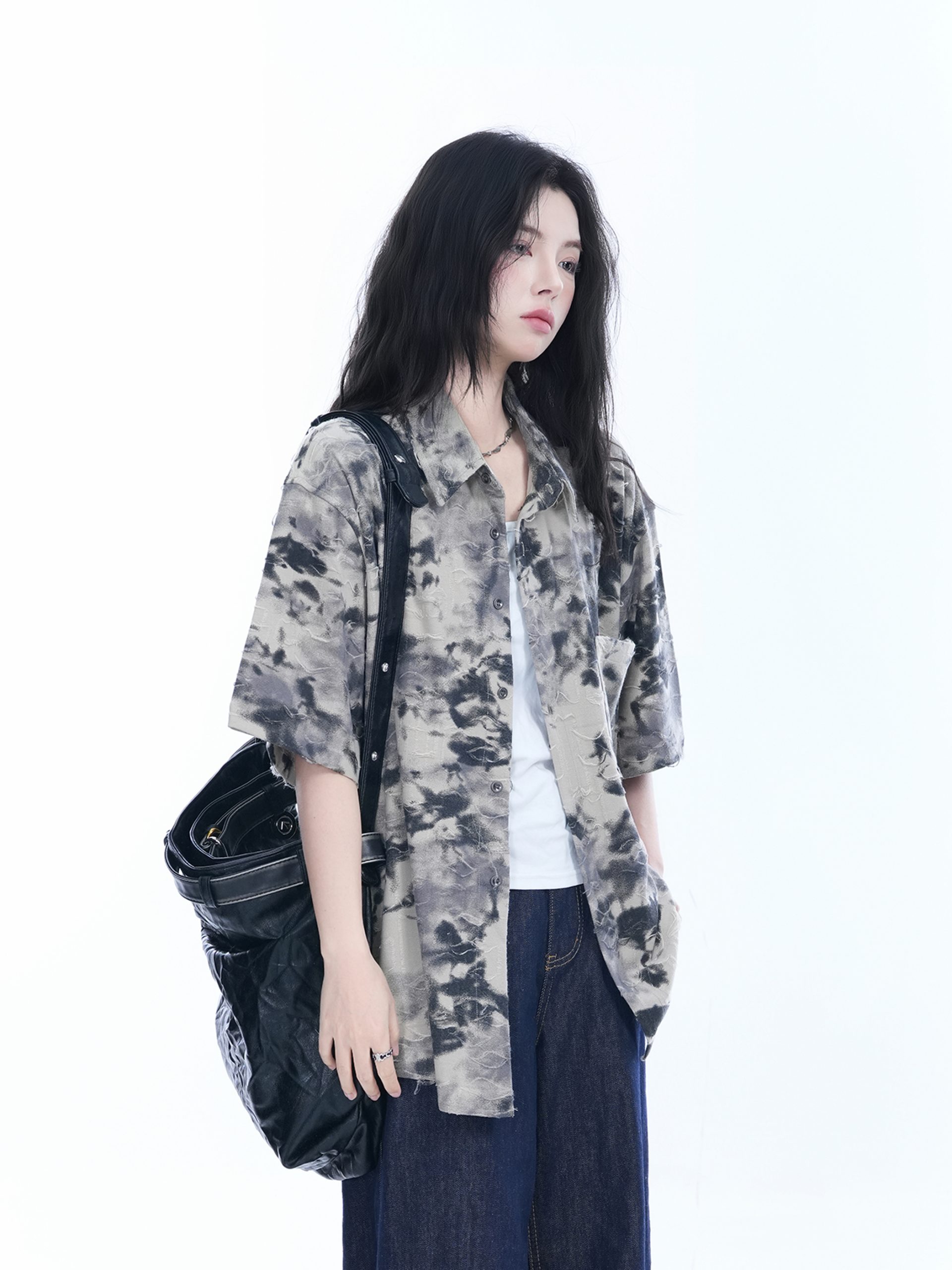 Tie-Dye Textured Short Sleeve Shirt for Women, Summer Loose Lightweight Blouse, Casual 90s Y2K Style Top Tie-Dye Textured Short Sleeve Shirt for Women, Summer Loose Lightweight Blouse, Casual 90s Y2K Style Top