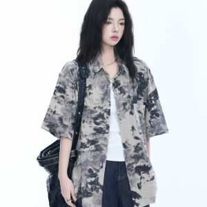 Tie-Dye Textured Short Sleeve Shirt for Women, Summer Loose Lightweight Blouse, Casual 90s Y2K Style Top