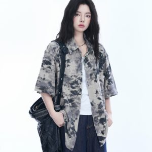 Tie-Dye Textured Short Sleeve Shirt for Women, Summer Loose Lightweight Blouse, Casual 90s Y2K Style Top