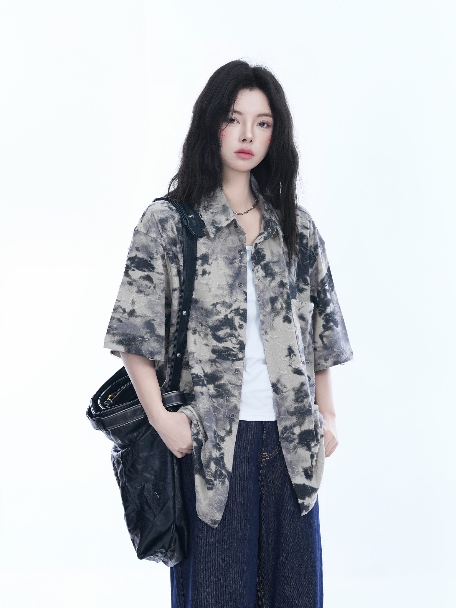 Tie-Dye Textured Short Sleeve Shirt for Women, Summer Loose Lightweight Blouse, Casual 90s Y2K Style Top Tie-Dye Textured Short Sleeve Shirt for Women, Summer Loose Lightweight Blouse, Casual 90s Y2K Style Top