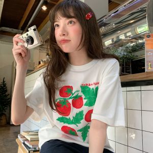 Tomato Print Casual Short Sleeve T-Shirt for Women - Summer Loose Round Neck Pure Cotton Top - Unique 90s Inspired Fashion