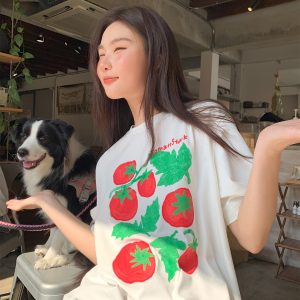 Tomato Print Casual Short Sleeve T-Shirt for Women - Summer Loose Round Neck Pure Cotton Top - Unique 90s Inspired Fashion